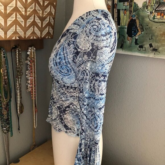 Vintage Y2K Blue Paisley Baby Doll Top - Flare Bell Sleeve Fairy Core Coquette - Picture 6 of 10